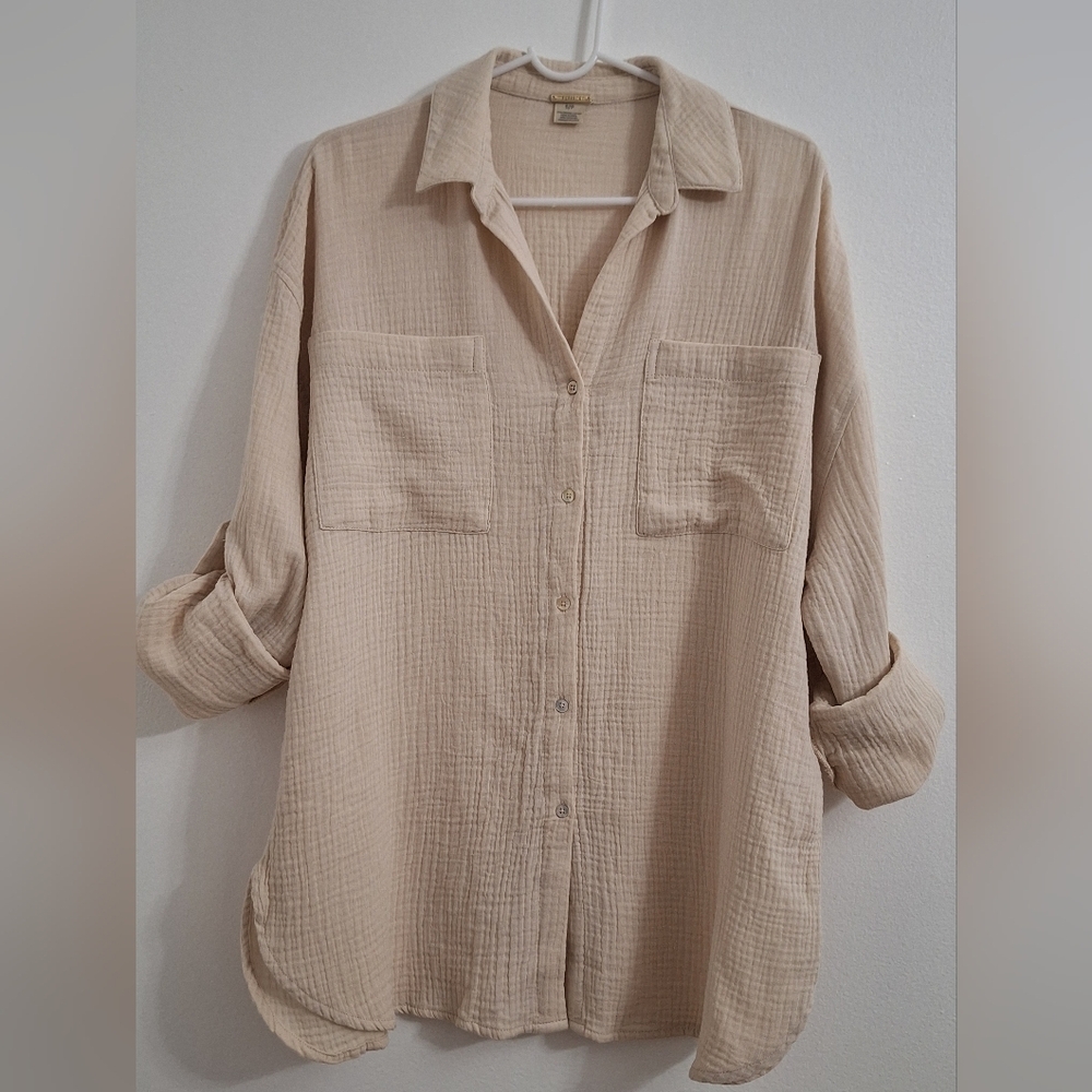 NWOT MAGASCHONI Organic Cotton Light Beige Textured Button-Down Shirt